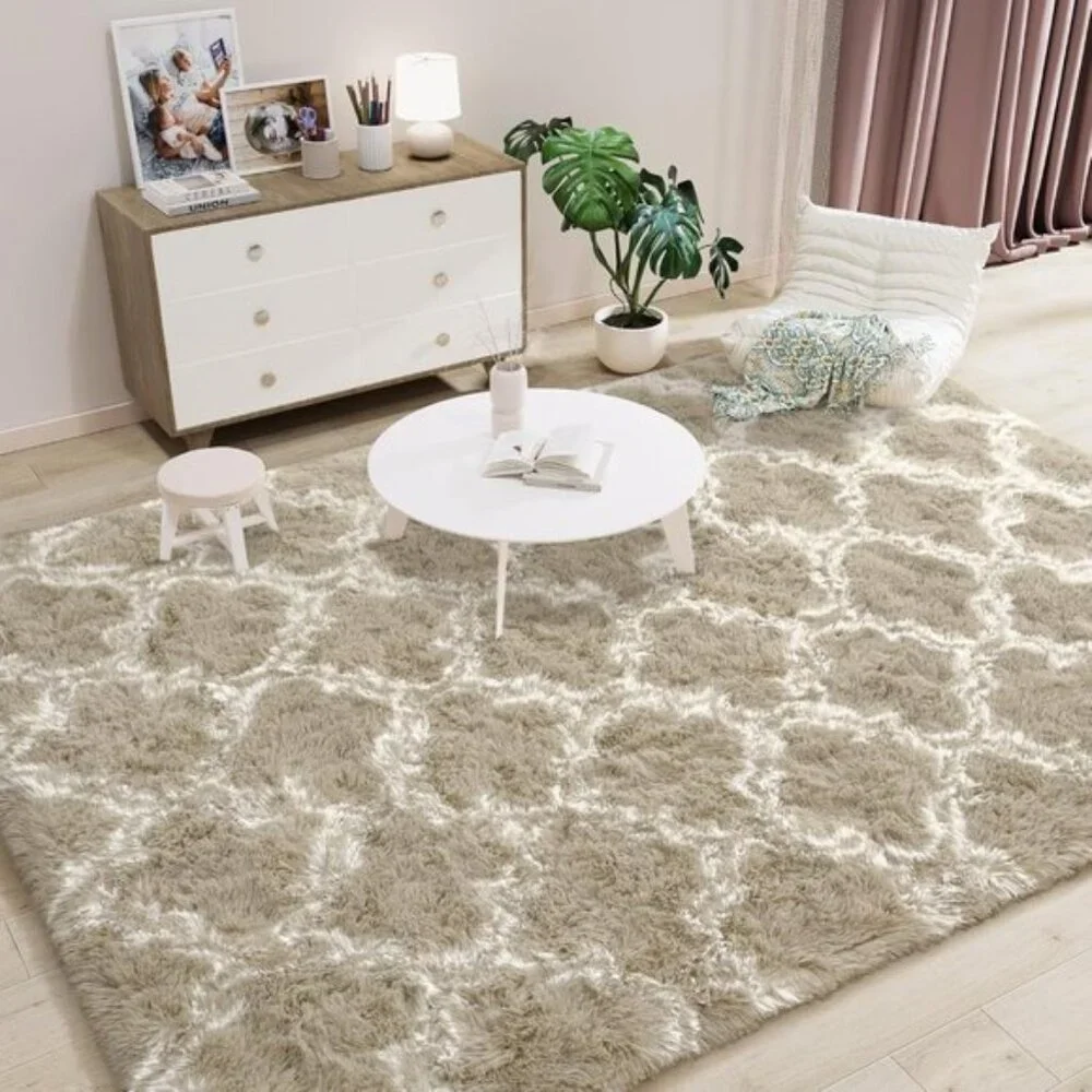 5x8In Luxury Shag Area Rug, Soft Plush Moroccan Geometric Rug for Bedroom, Beige